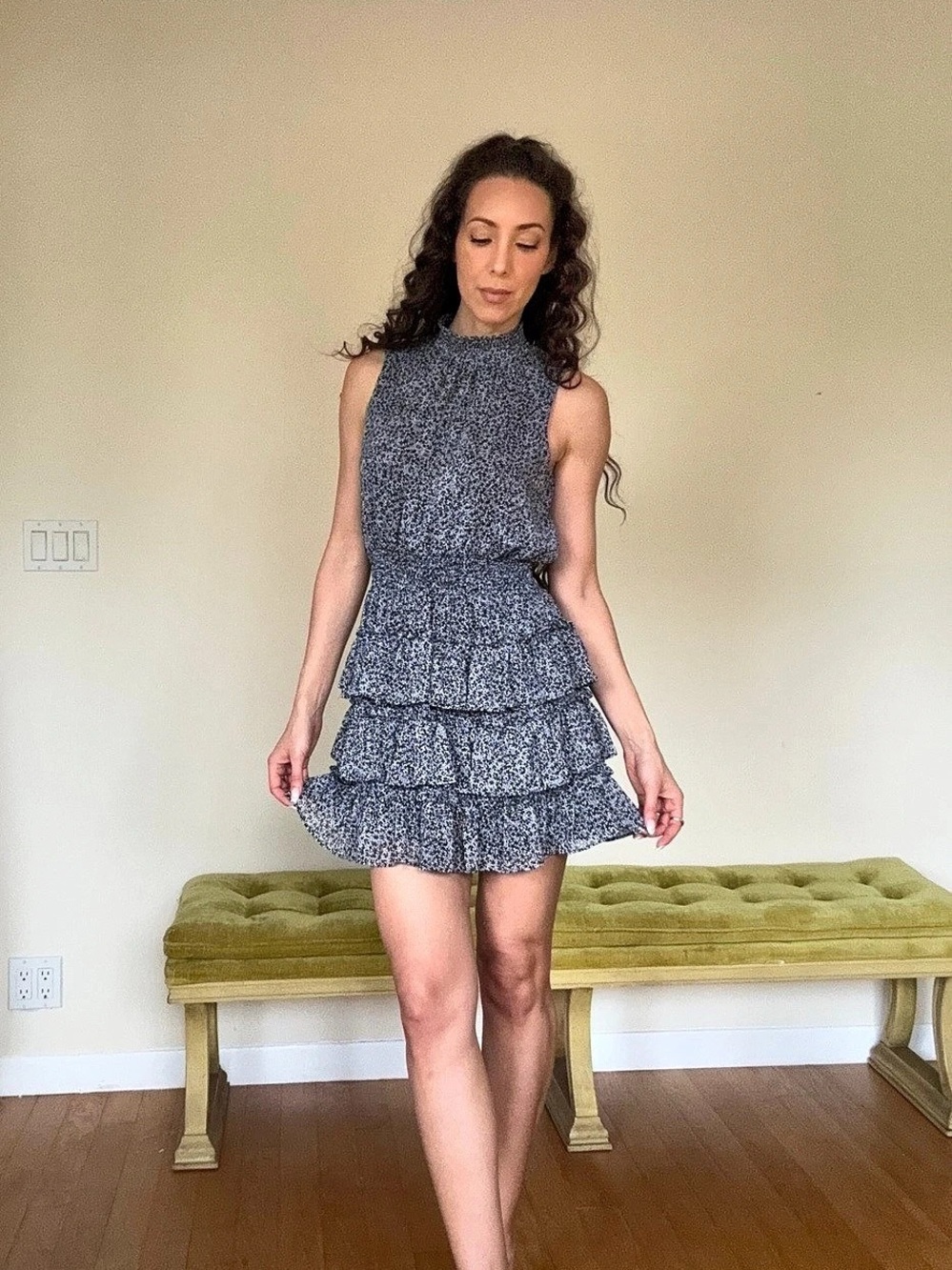 Smocked Sleeveless Mock Neck Tiered Mini Dress